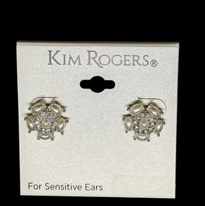 Kim Rogers Flower Faux Pearl and Rhinestone Earrings Nickel Free Studs